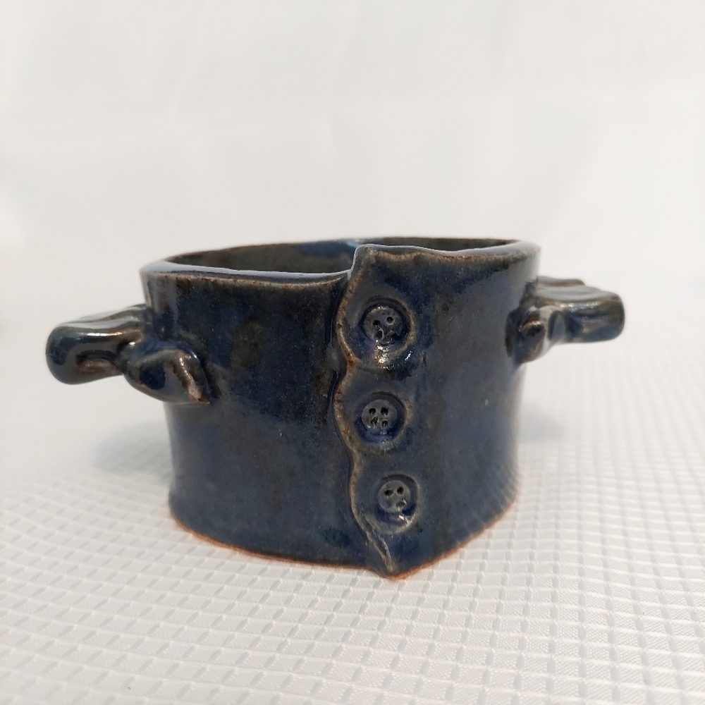 Unique Button Front Stone Pottery Signed Trinket Flower Cactus Pot Blue
